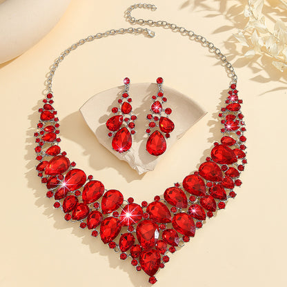 Atmospheric Red Crystal Necklace And Earrings Suite