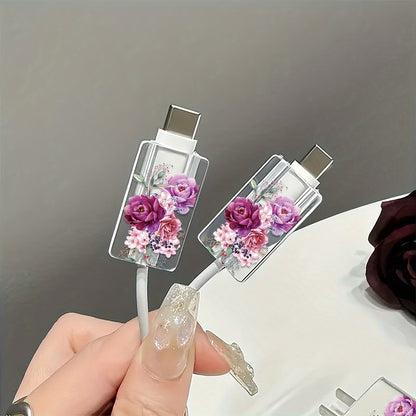 3-Piece Rose Pattern Transparent Charger Case for iPhone 13/14/15: Includes 18W/20W Charger, Cable, and Line Head Protection Covers - Perfect Gift for Tech Lovers
