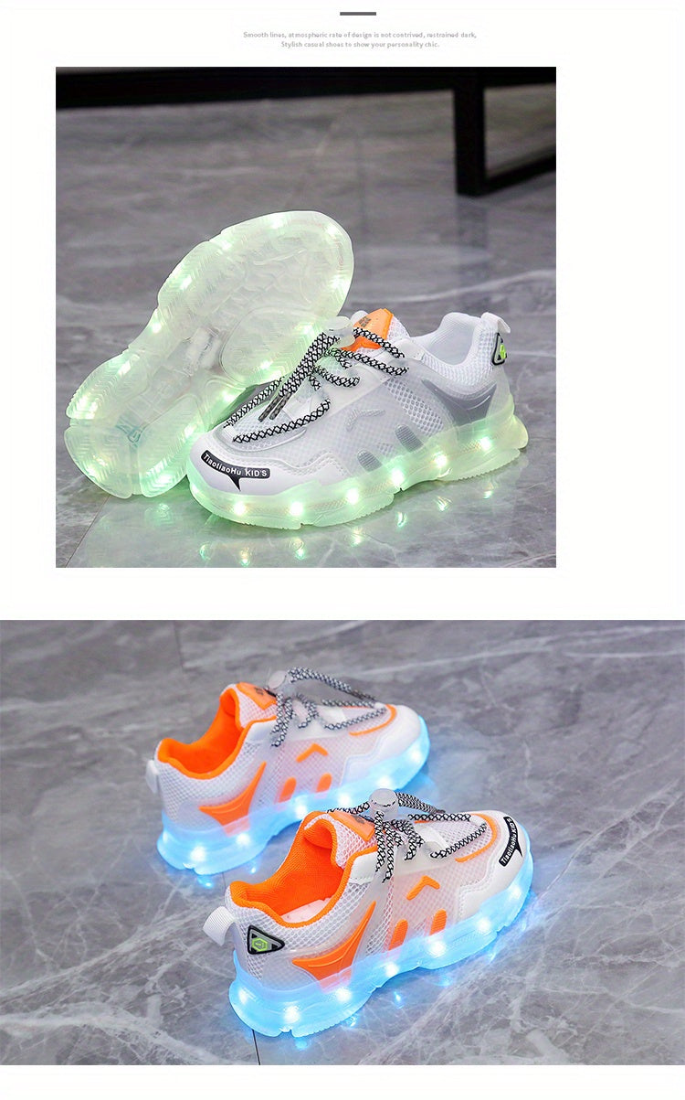 GUANGLAN Kids Light-Up Sneakers - Breathable Mesh Sneakers with LED Lights, Orange & White, Lace-Up Closure, Lightweight & Durable for Boys & Girls, Spring/Summer Casual Shoes, Shoes for Girls, Vibrant Youngsters Footwear, St