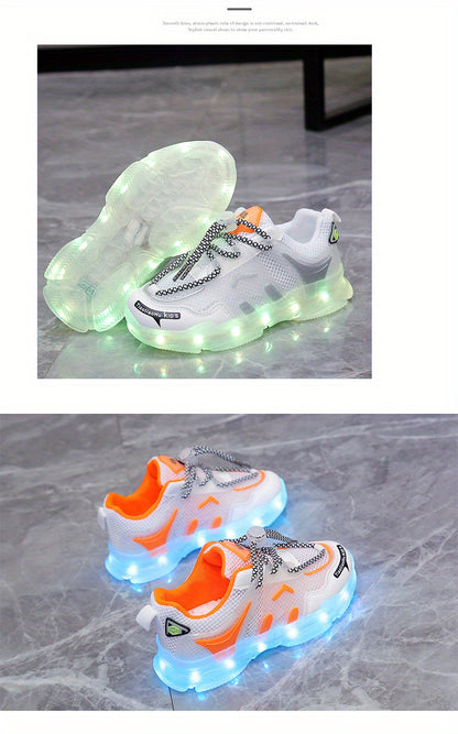 GUANGLAN Kids Light-Up Sneakers - Breathable Mesh Sneakers with LED Lights, Orange & White, Lace-Up Closure, Lightweight & Durable for Boys & Girls, Spring/Summer Casual Shoes, Shoes for Girls, Vibrant Youngsters Footwear, St