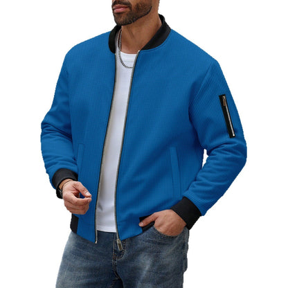 Men's Waffle Solid Color Cardigan Pocket Zipper Thickening Stand Collar Coat