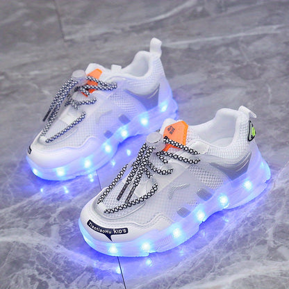 GUANGLAN Kids Light-Up Sneakers - Breathable Mesh Sneakers with LED Lights, Orange & White, Lace-Up Closure, Lightweight & Durable for Boys & Girls, Spring/Summer Casual Shoes, Shoes for Girls, Vibrant Youngsters Footwear, St