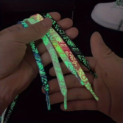 1 Pair of 47.24 Inch Long Glow-in-the-Dark Luminous Flat Shoelaces with Fluorescent Pattern for Enhanced Visibility at Music Festivals, Perfect for Sneakers, Boots & Shoes