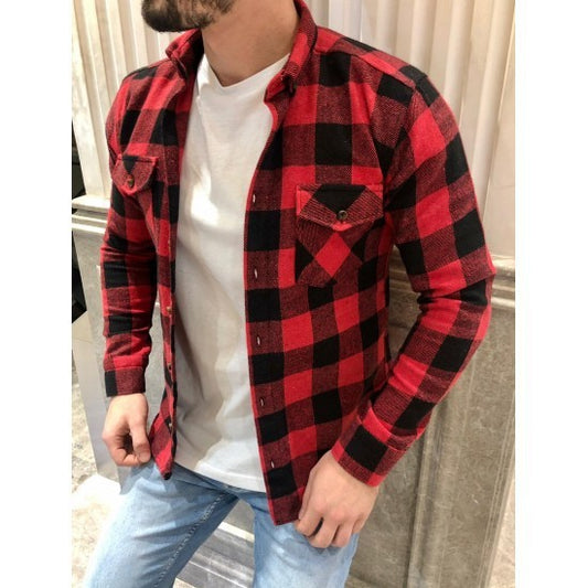 A Long-sleeved Pocket Checked Shirt With A Lapel For Young Men In Autumn And