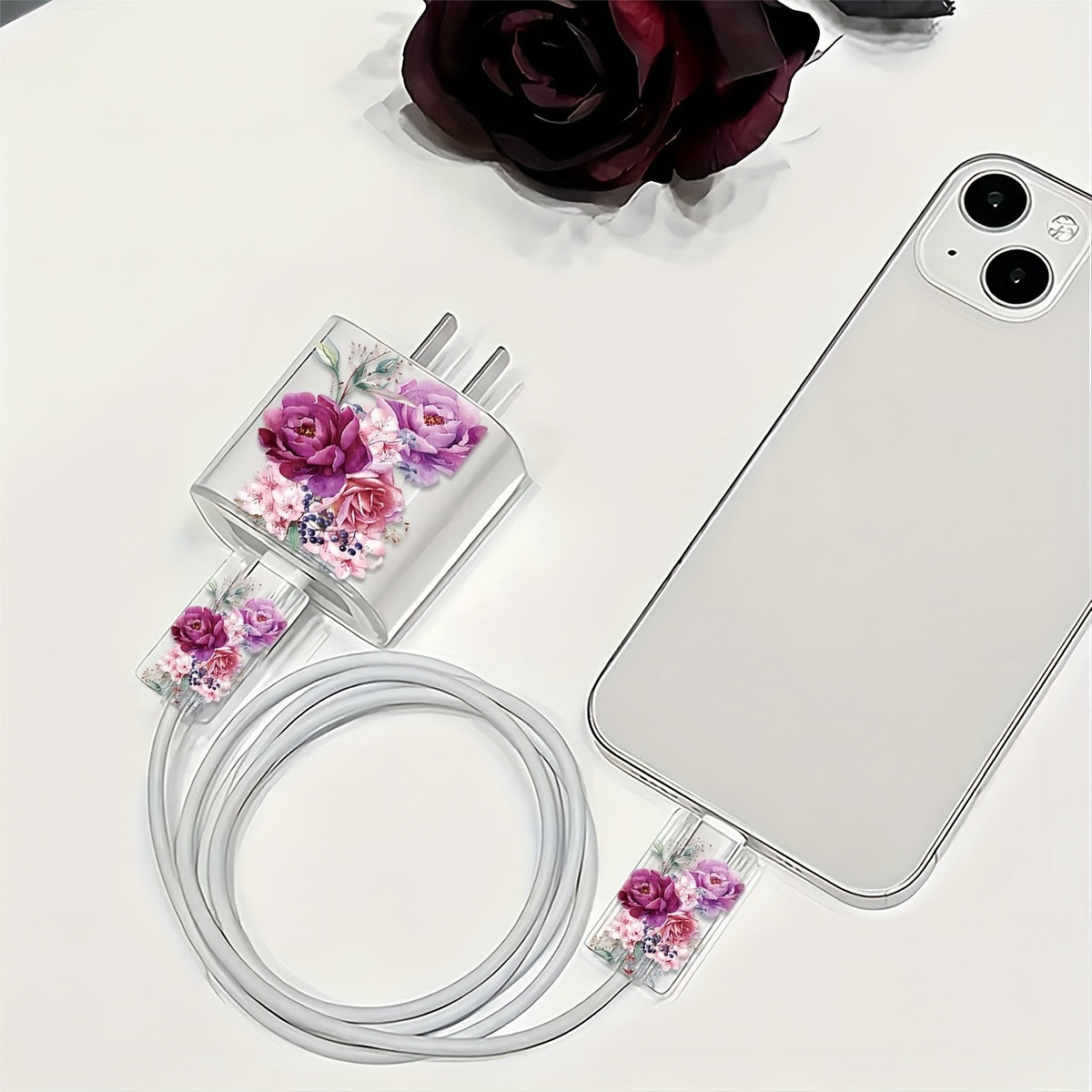 3-Piece Rose Pattern Transparent Charger Case for iPhone 13/14/15: Includes 18W/20W Charger, Cable, and Line Head Protection Covers - Perfect Gift for Tech Lovers