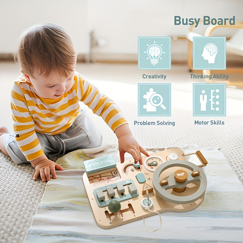 Wooden Steering Wheel Busy Board Toy - Educational Vehicle Sign Recognition, Problem Solving & Motor Skills Development for Youngsters, Light Green/Blue/Yellow, Smooth Burr-Free Plywood, Youngsters Learning Toy | Engaging Toy