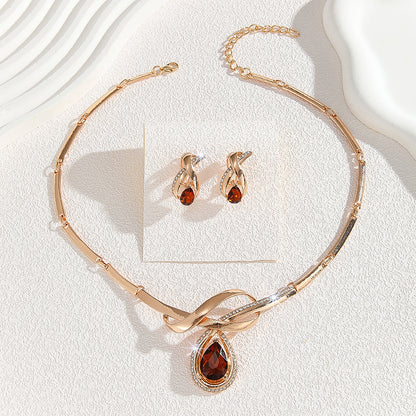 Gold Inlaid White Rhinestone Brown Crystal Necklace And Earrings Suite