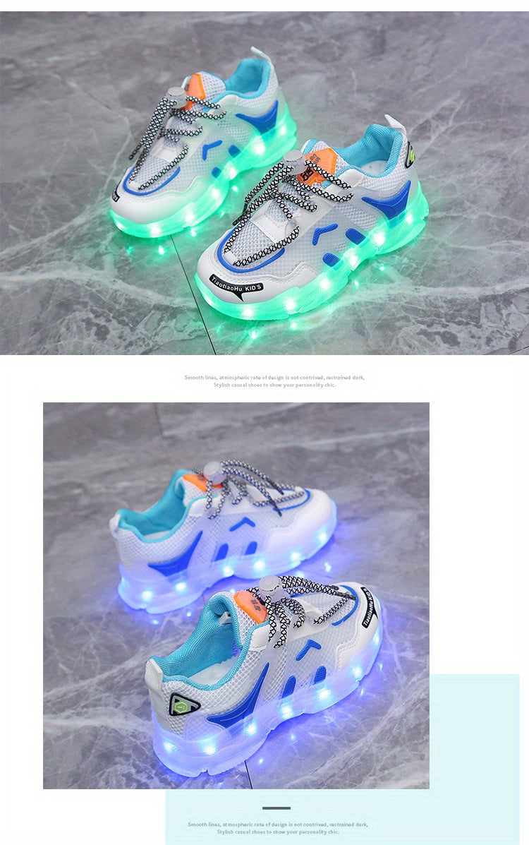 GUANGLAN Kids Light-Up Sneakers - Breathable Mesh Sneakers with LED Lights, Orange & White, Lace-Up Closure, Lightweight & Durable for Boys & Girls, Spring/Summer Casual Shoes, Shoes for Girls, Vibrant Youngsters Footwear, St