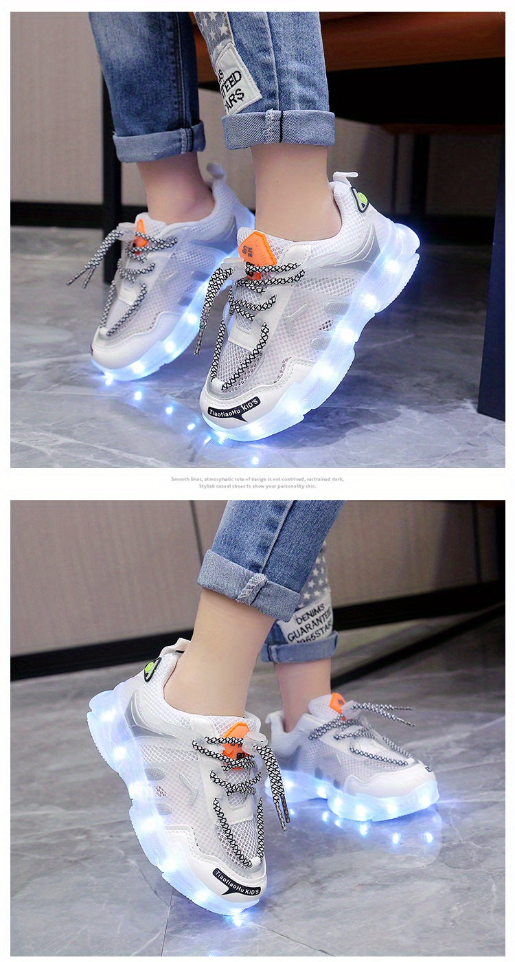 GUANGLAN Kids Light-Up Sneakers - Breathable Mesh Sneakers with LED Lights, Orange & White, Lace-Up Closure, Lightweight & Durable for Boys & Girls, Spring/Summer Casual Shoes, Shoes for Girls, Vibrant Youngsters Footwear, St