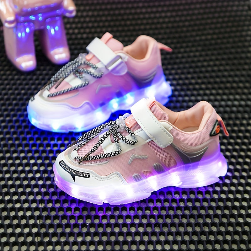 GUANGLAN Kids Light-Up Sneakers - Breathable Mesh Sneakers with LED Lights, Orange & White, Lace-Up Closure, Lightweight & Durable for Boys & Girls, Spring/Summer Casual Shoes, Shoes for Girls, Vibrant Youngsters Footwear, St