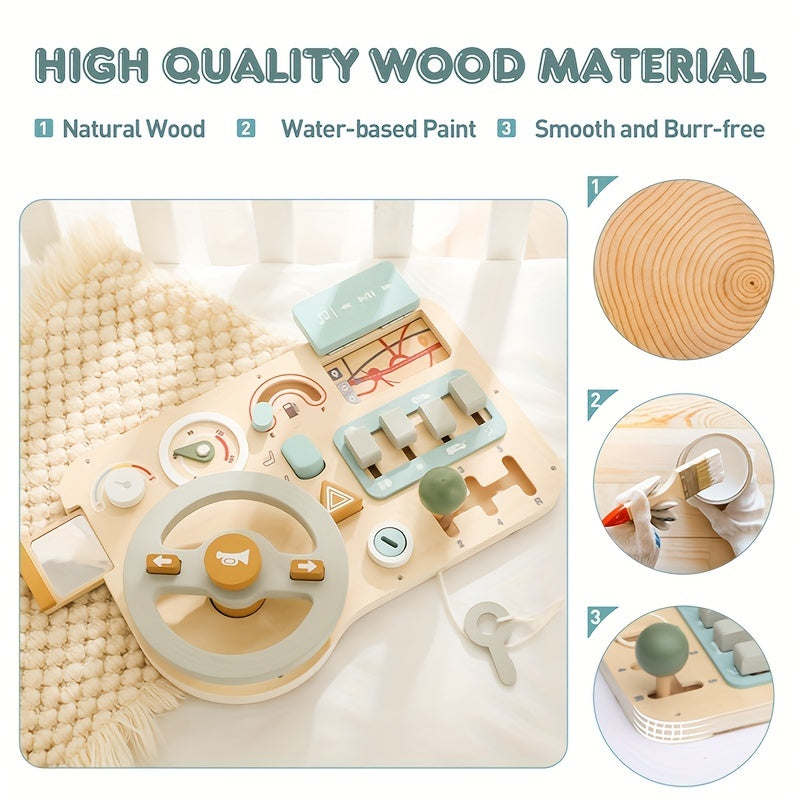 Wooden Steering Wheel Busy Board Toy - Educational Vehicle Sign Recognition, Problem Solving & Motor Skills Development for Youngsters, Light Green/Blue/Yellow, Smooth Burr-Free Plywood, Youngsters Learning Toy | Engaging Toy