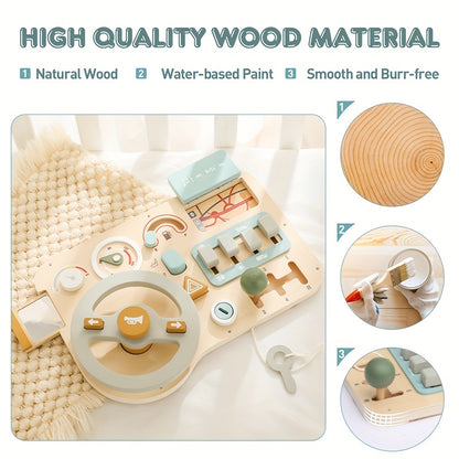 Wooden Steering Wheel Busy Board Toy - Educational Vehicle Sign Recognition, Problem Solving & Motor Skills Development for Youngsters, Light Green/Blue/Yellow, Smooth Burr-Free Plywood, Youngsters Learning Toy | Engaging Toy