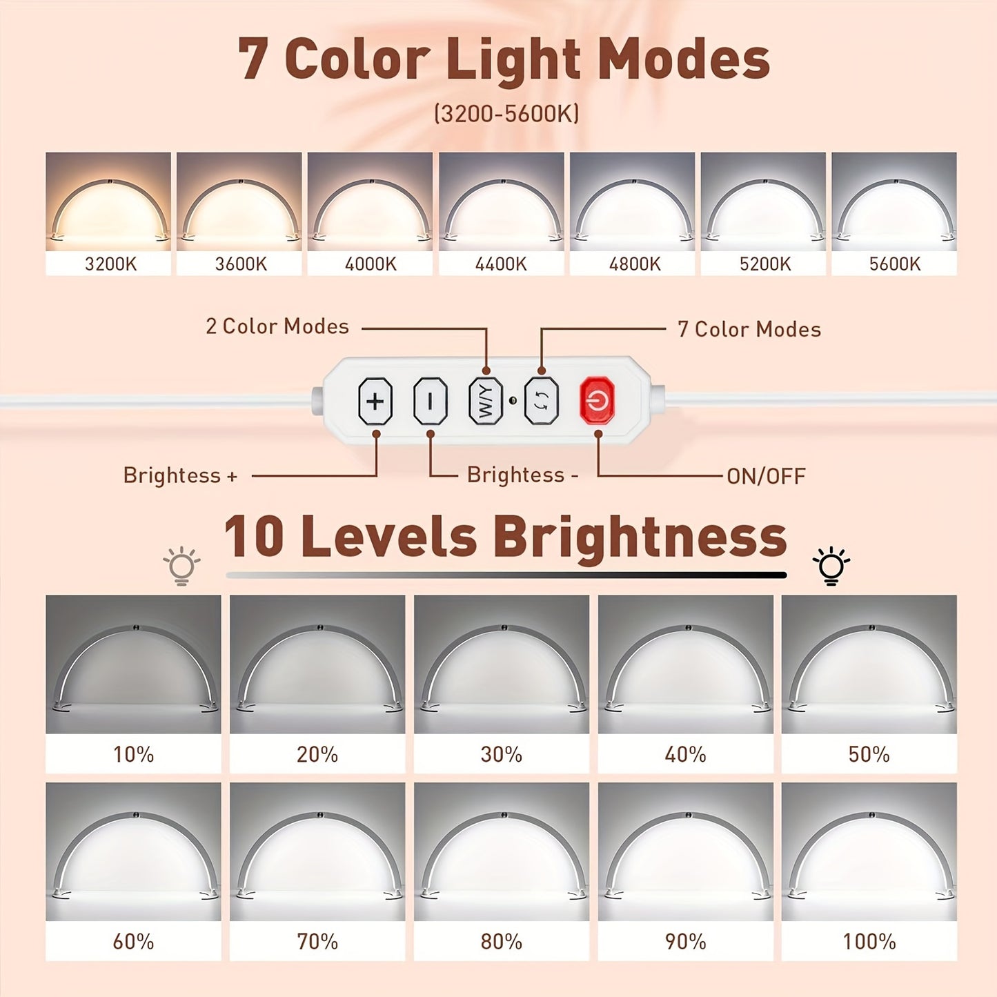 29 "Half-moon Nail Tech Light With Phone Seat, 40W Foldable, Nail Lamp With Wire Controller And Remote, 7 Color Modes, 10 Brightness For Beauty/eyelash Tattoo/crafts,, Black/white/pink