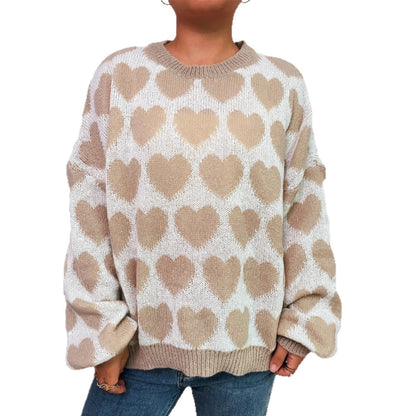 Fashion Color Contrast Knitted Pullover Round Neck Love Loose Sweater