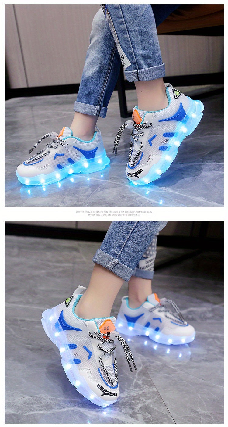 GUANGLAN Kids Light-Up Sneakers - Breathable Mesh Sneakers with LED Lights, Orange & White, Lace-Up Closure, Lightweight & Durable for Boys & Girls, Spring/Summer Casual Shoes, Shoes for Girls, Vibrant Youngsters Footwear, St