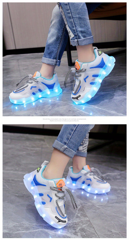 GUANGLAN Kids Light-Up Sneakers - Breathable Mesh Sneakers with LED Lights, Orange & White, Lace-Up Closure, Lightweight & Durable for Boys & Girls, Spring/Summer Casual Shoes, Shoes for Girls, Vibrant Youngsters Footwear, St