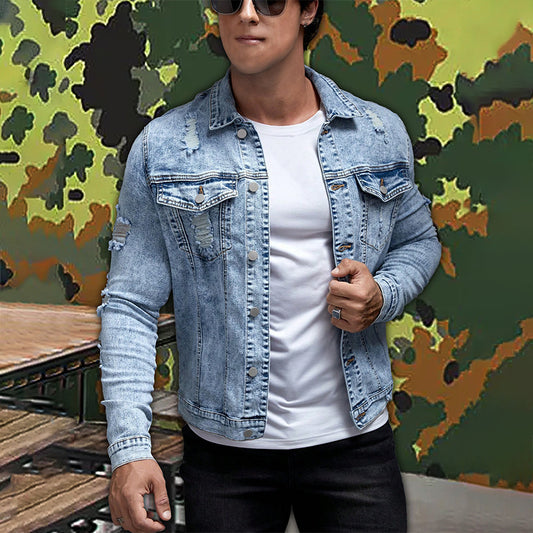 Men's Shirt Denim Shirt Jacket Trendy Simple All-match Slimming Slim Fit Polo Collar Jacket