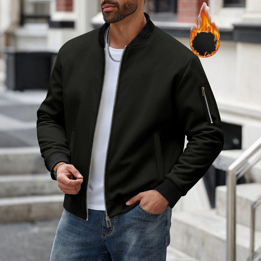 Men's Waffle Solid Color Cardigan Pocket Zipper Thickening Stand Collar Coat