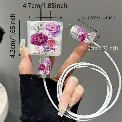 3-Piece Rose Pattern Transparent Charger Case for iPhone 13/14/15: Includes 18W/20W Charger, Cable, and Line Head Protection Covers - Perfect Gift for Tech Lovers