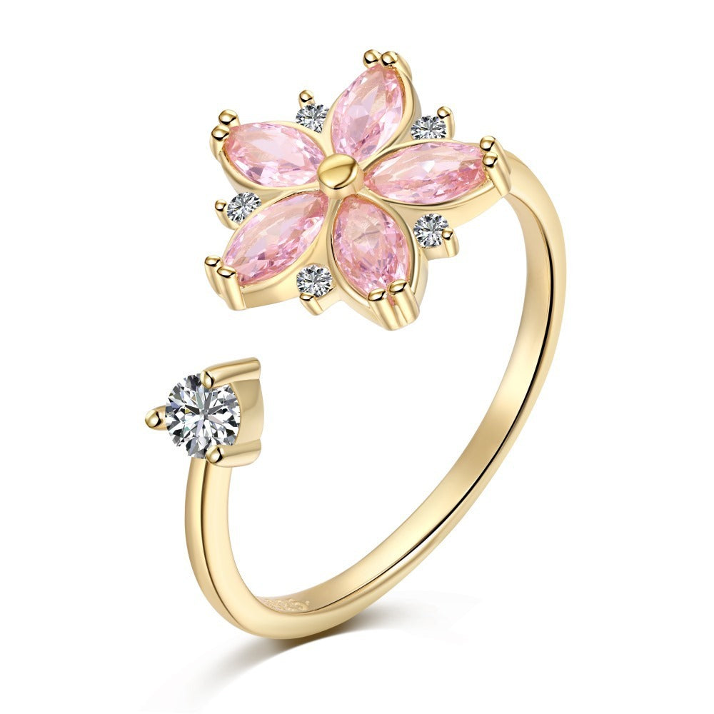 S925 Sterling Silver Flowers Diamond Decompression Rotatable Fashion Ring
