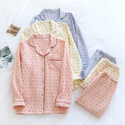 Small Cherry Double-layer Crepe Pajamas Women's Lapel Long Sleeve Trousers Suit
