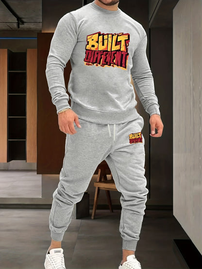 2Pcs Letter Print Outfit - Relaxed-Fit Casual Crew Neck Long Sleeve Pullover Sweatshirt and Sweatpants Set for Spring and Fall - High-Quality Mens Clothing for Everyday Wear