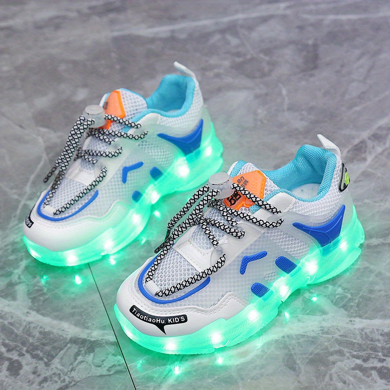 GUANGLAN Kids Light-Up Sneakers - Breathable Mesh Sneakers with LED Lights, Orange & White, Lace-Up Closure, Lightweight & Durable for Boys & Girls, Spring/Summer Casual Shoes, Shoes for Girls, Vibrant Youngsters Footwear, St