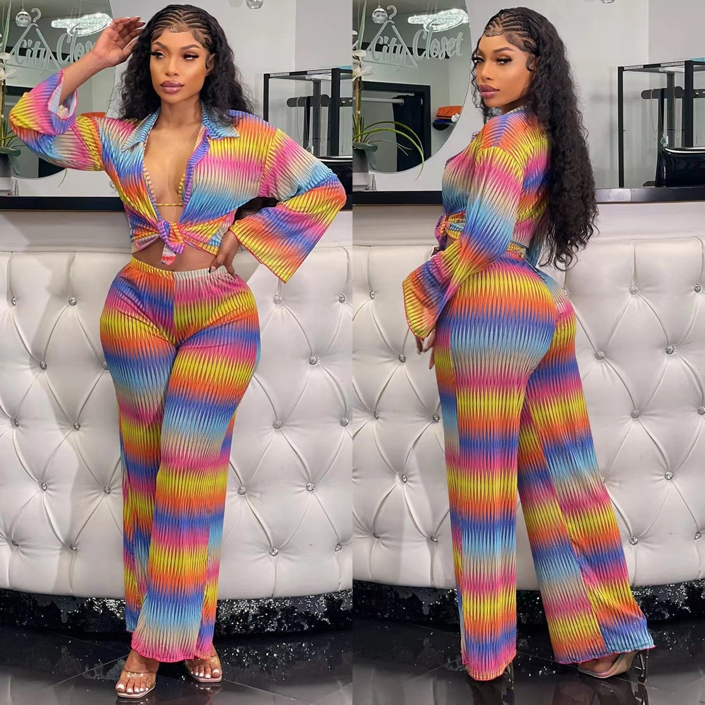 Women's Printed Pleated Stretch Shirt Trousers Suit