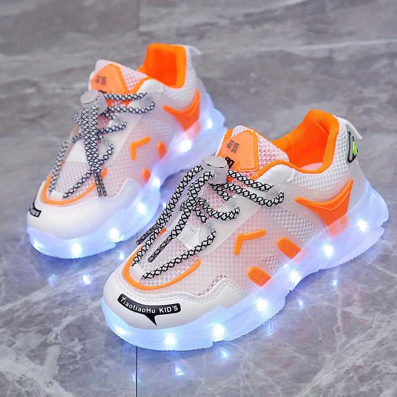 GUANGLAN Kids Light-Up Sneakers - Breathable Mesh Sneakers with LED Lights, Orange & White, Lace-Up Closure, Lightweight & Durable for Boys & Girls, Spring/Summer Casual Shoes, Shoes for Girls, Vibrant Youngsters Footwear, St