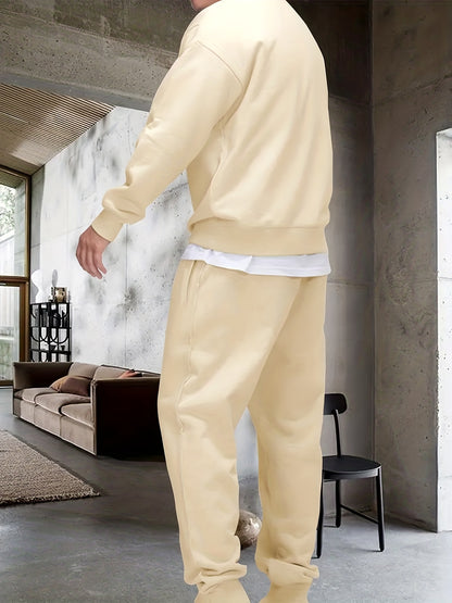 2Pcs Letter Print Outfit - Relaxed-Fit Casual Crew Neck Long Sleeve Pullover Sweatshirt and Sweatpants Set for Spring and Fall - High-Quality Mens Clothing for Everyday Wear