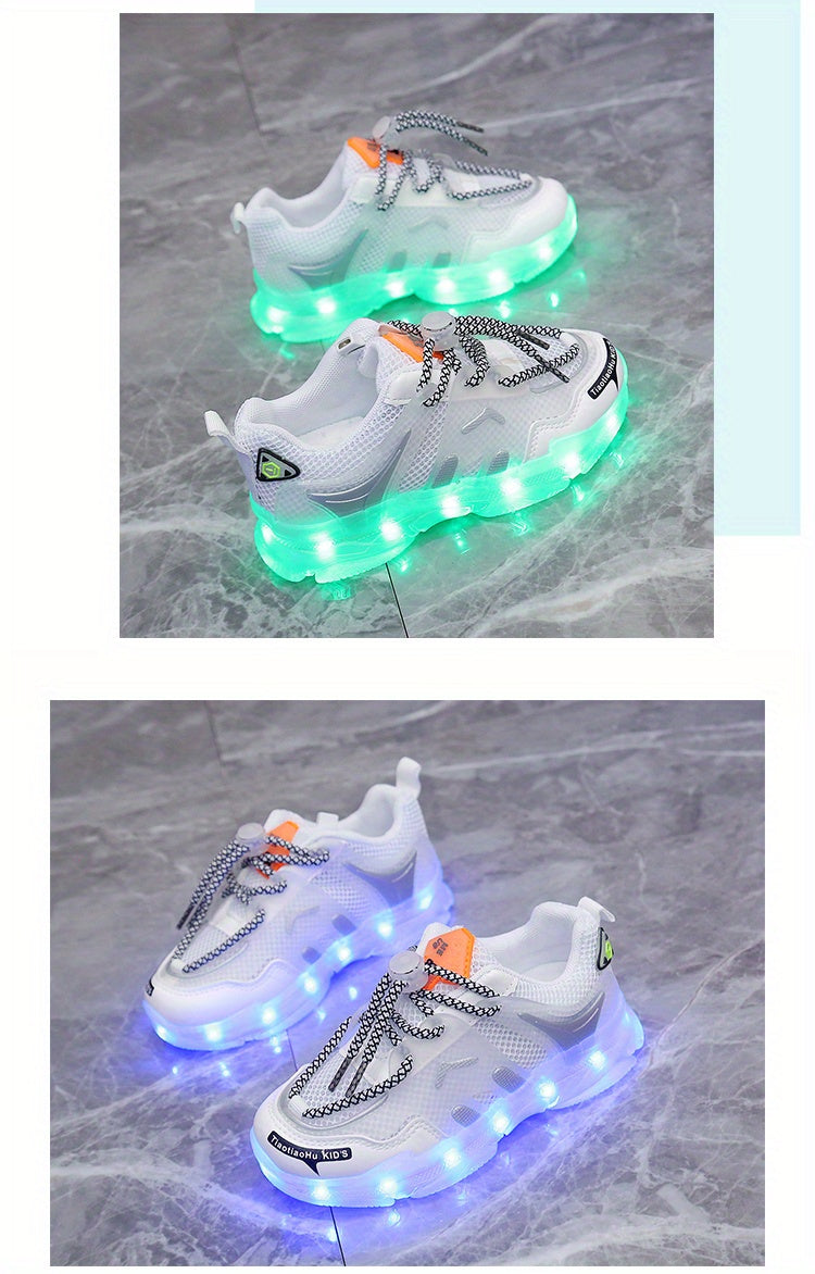 GUANGLAN Kids Light-Up Sneakers - Breathable Mesh Sneakers with LED Lights, Orange & White, Lace-Up Closure, Lightweight & Durable for Boys & Girls, Spring/Summer Casual Shoes, Shoes for Girls, Vibrant Youngsters Footwear, St