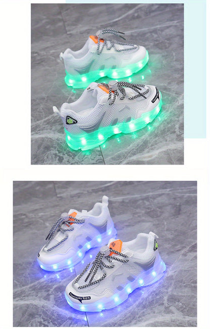 GUANGLAN Kids Light-Up Sneakers - Breathable Mesh Sneakers with LED Lights, Orange & White, Lace-Up Closure, Lightweight & Durable for Boys & Girls, Spring/Summer Casual Shoes, Shoes for Girls, Vibrant Youngsters Footwear, St