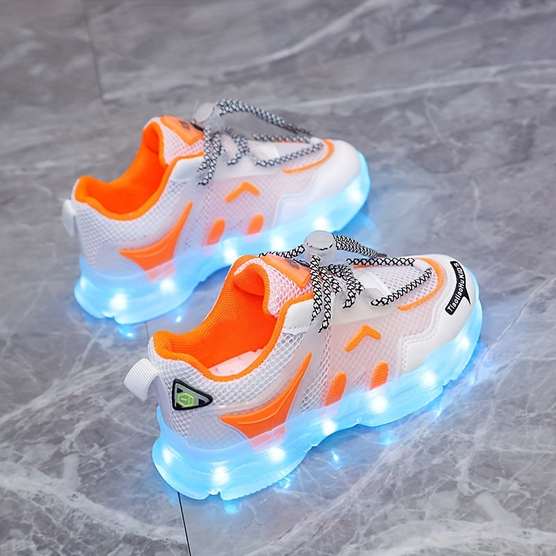 GUANGLAN Kids Light-Up Sneakers - Breathable Mesh Sneakers with LED Lights, Orange & White, Lace-Up Closure, Lightweight & Durable for Boys & Girls, Spring/Summer Casual Shoes, Shoes for Girls, Vibrant Youngsters Footwear, St