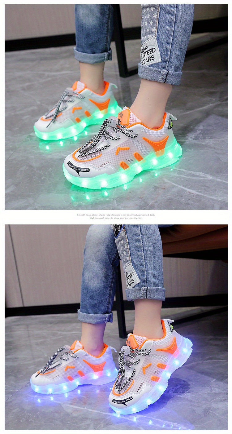 GUANGLAN Kids Light-Up Sneakers - Breathable Mesh Sneakers with LED Lights, Orange & White, Lace-Up Closure, Lightweight & Durable for Boys & Girls, Spring/Summer Casual Shoes, Shoes for Girls, Vibrant Youngsters Footwear, St