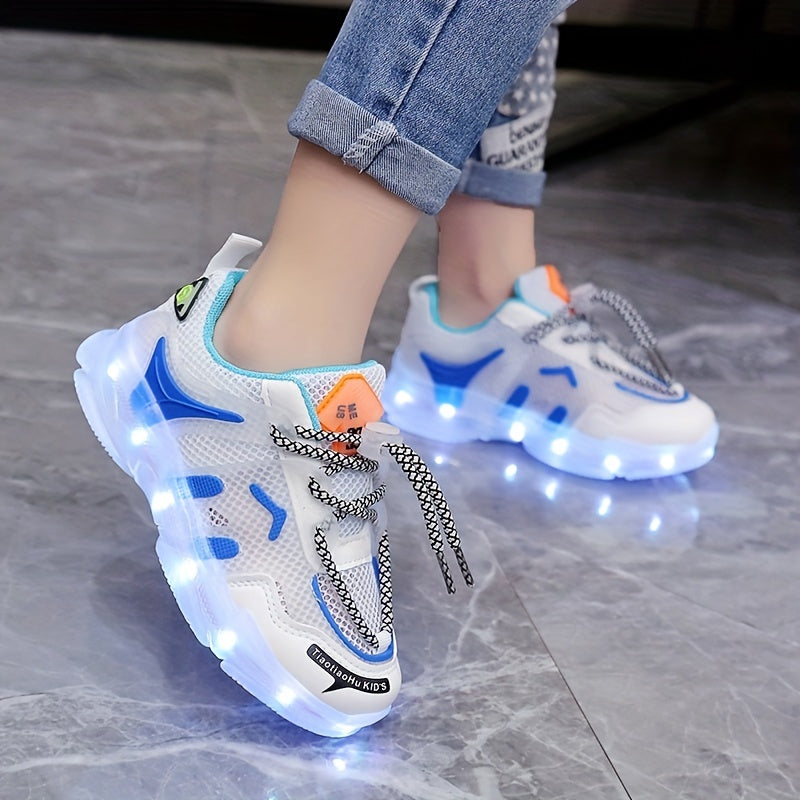 GUANGLAN Kids Light-Up Sneakers - Breathable Mesh Sneakers with LED Lights, Orange & White, Lace-Up Closure, Lightweight & Durable for Boys & Girls, Spring/Summer Casual Shoes, Shoes for Girls, Vibrant Youngsters Footwear, St