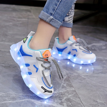 GUANGLAN Kids Light-Up Sneakers - Breathable Mesh Sneakers with LED Lights, Orange & White, Lace-Up Closure, Lightweight & Durable for Boys & Girls, Spring/Summer Casual Shoes, Shoes for Girls, Vibrant Youngsters Footwear, St