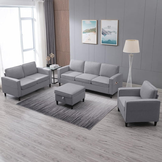 4 Pcs Sectional Sofa with Storage Ottoman for Living Room, Sectional Couches and Loveseat Sets, Living Room Furniture Set,3-Seat Sofa + Ottoman + Loveseat+ Armchair,Light Grey-0