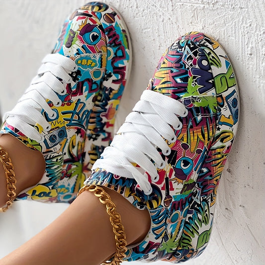 Womens Graffiti Art Sneakers - Stylish Lace-Up Platform Shoes with Comfortable Low Top Design - Perfect for Sports & Casual Wear - Fashionable Skate Style