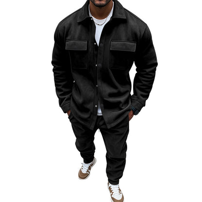 Men's Suede Solid Color Single-breasted Tooling Cardigan Two-piece Set