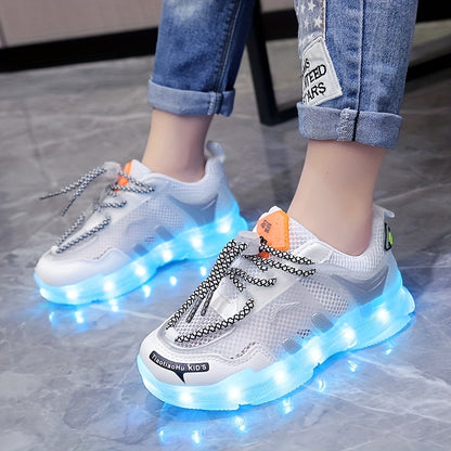 GUANGLAN Kids Light-Up Sneakers - Breathable Mesh Sneakers with LED Lights, Orange & White, Lace-Up Closure, Lightweight & Durable for Boys & Girls, Spring/Summer Casual Shoes, Shoes for Girls, Vibrant Youngsters Footwear, St