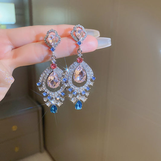 European And American Elegance Retro Silver Stud Rhinestone-encrusted Crystal Long Fringe Earrings