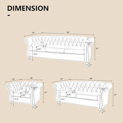 3-Piece Living Room Sectional Sofa Set, Upholstered Sofa Modern Sofa Couches Set Style Button Tufted, Velvet Chesterfield Sofa for Living Room Apartment, 1+2+3 Seat Grey-1
