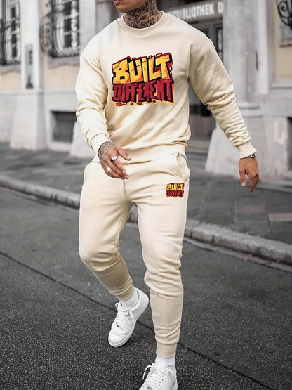 2Pcs Letter Print Outfit - Relaxed-Fit Casual Crew Neck Long Sleeve Pullover Sweatshirt and Sweatpants Set for Spring and Fall - High-Quality Mens Clothing for Everyday Wear