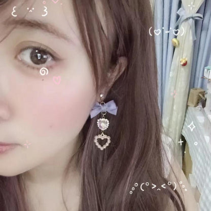 Japanese Style Sweet And Cute Bow For Cute Girl Rhinestone Earrings