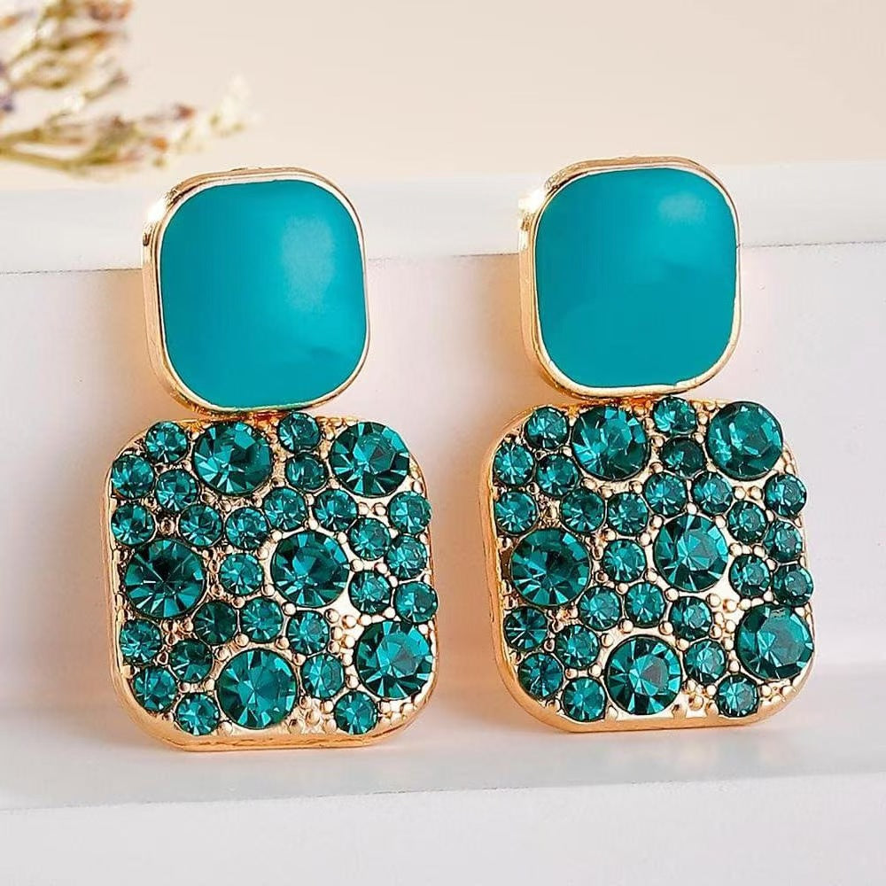 Oil Dripping Full Diamond Square Earrings Light Luxury High-end Fashion Simple