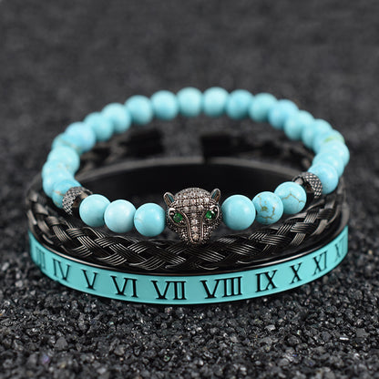 Natural Green Pine Leopard Head Roman Twist Weave Men's Bracelet