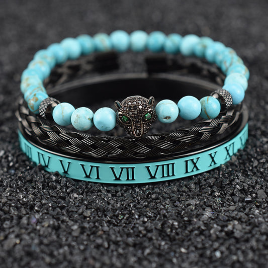 Natural Green Pine Leopard Head Roman Twist Weave Men's Bracelet