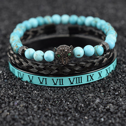 Natural Green Pine Leopard Head Roman Twist Weave Men's Bracelet