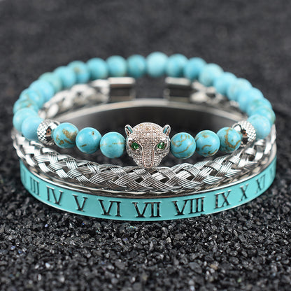Natural Green Pine Leopard Head Roman Twist Weave Men's Bracelet