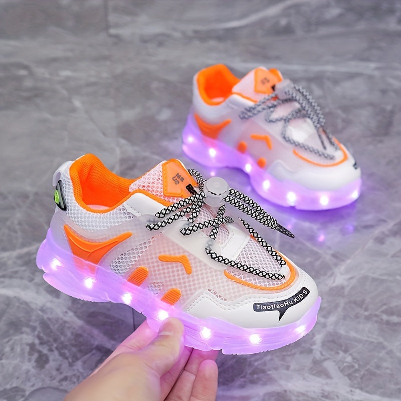 GUANGLAN Kids Light-Up Sneakers - Breathable Mesh Sneakers with LED Lights, Orange & White, Lace-Up Closure, Lightweight & Durable for Boys & Girls, Spring/Summer Casual Shoes, Shoes for Girls, Vibrant Youngsters Footwear, St